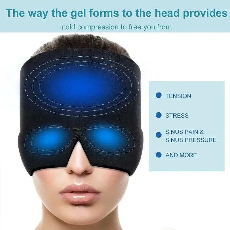 Femme portant un masque anti-migraine noir à gel réutilisable chaud, froid, hot, cold, headache